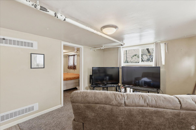 348 East 200 North Logan, UT 84321 - Photo 38 of 41 Carpeted room featuring a white ceiling with exposed piping, a single flush-mount light fixture, and a window providing natural light