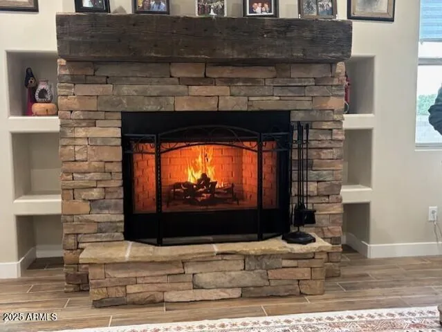 a living room with a fireplace