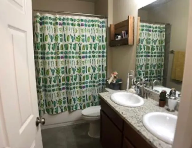a bathroom with a granite countertop sink a toilet a mirror and shower curtain
