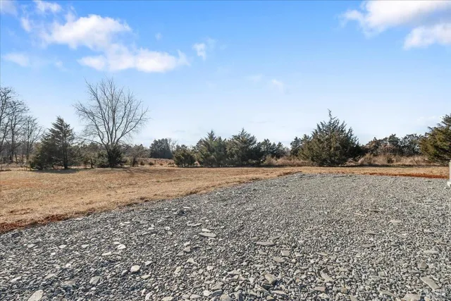 a view of swimming pool with lawn chairs and large trees
