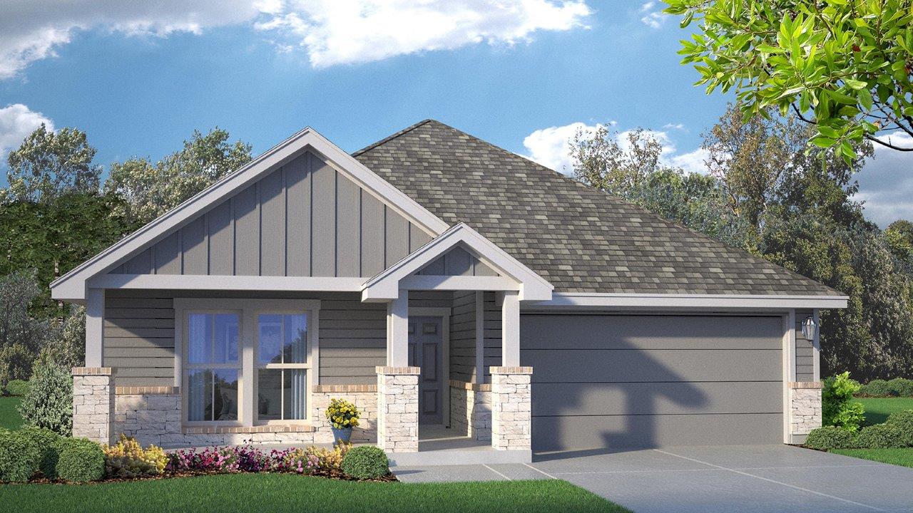 Craftsman inspired home with stone siding, a garage, board and batten siding, and driveway