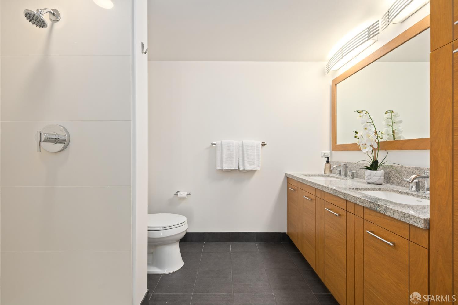 177 Townsend Street, Unit 728 San Francisco, CA 94107 - Photo 14 of 39 a bathroom with a granite countertop sink a toilet and a mirror