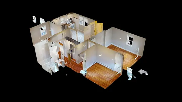 an aerial view of a house with pool sitting space and garden view