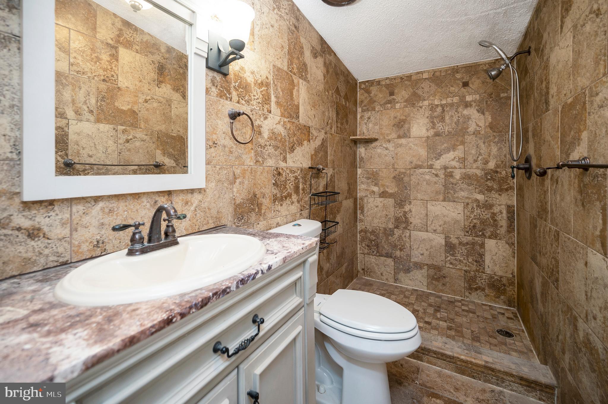 8705 Alsop Town Road Spotsylvania, VA 22551 - Photo 30 of 33 a bathroom with a granite countertop sink toilet and shower