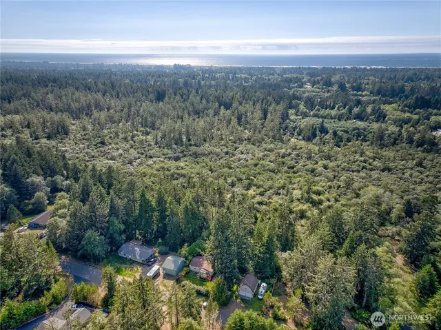 an aerial view of residential house with green space