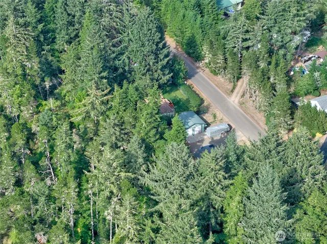 an aerial view of residential house with outdoor space and trees all around