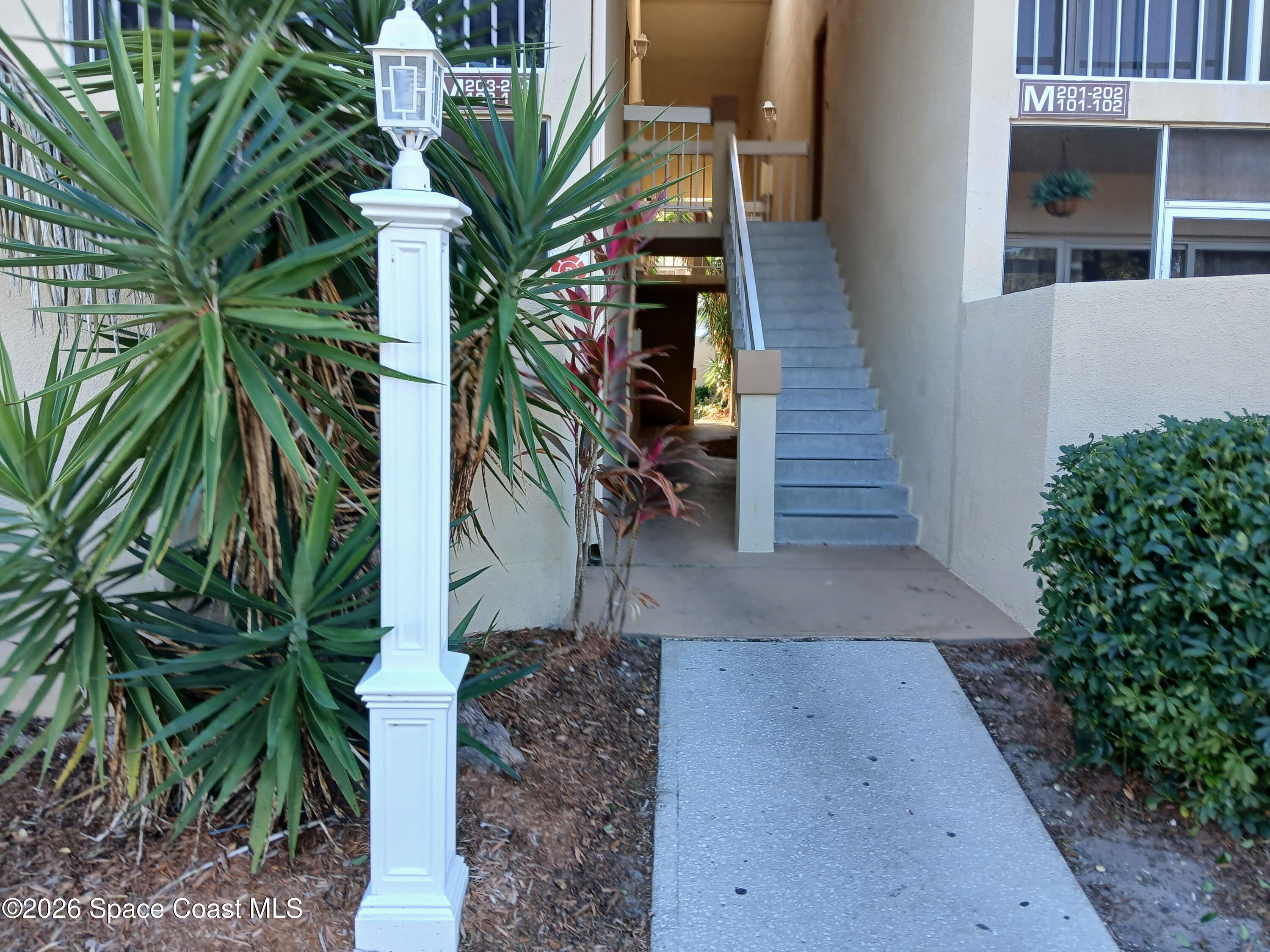 a view of a house with a yard and potted plants