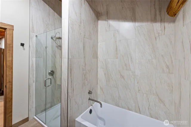 a bathroom with a shower curtain