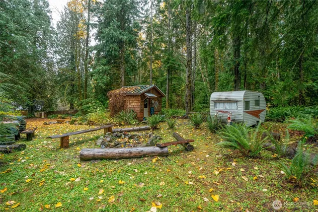 a garden view with a seating space