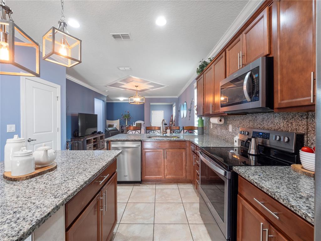 3570 Southern Cross Loop Kissimmee, FL 34744 - Photo 6 of 36 a kitchen with stainless steel appliances granite countertop a sink dishwasher stove and cabinets with wooden floor
