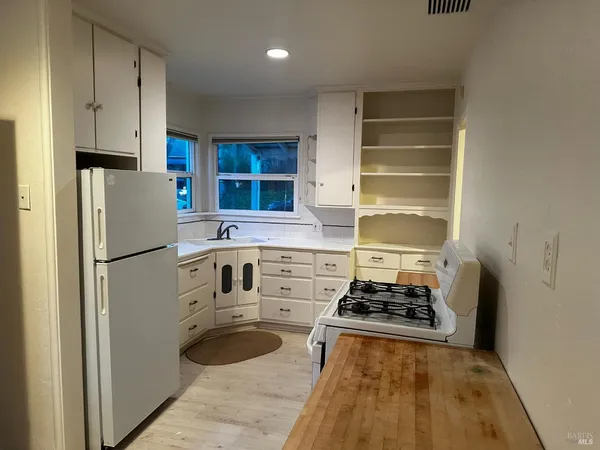 a kitchen with a refrigerator a stove a sink and a cabinets