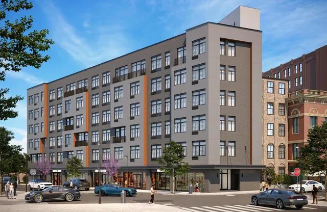 a front view of a building with street view