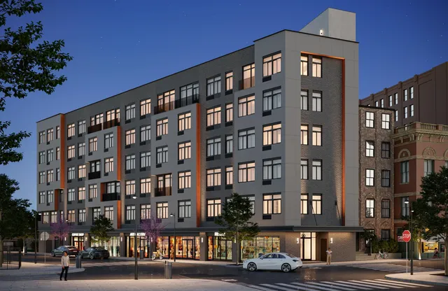 a front view of a building with street view