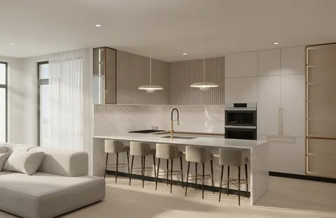 a living room with stainless steel appliances kitchen island granite countertop a refrigerator and a couch