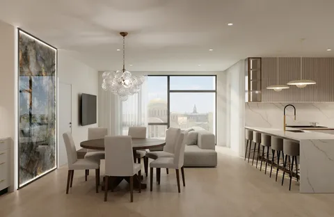 a view of a dining room with furniture window and outside view