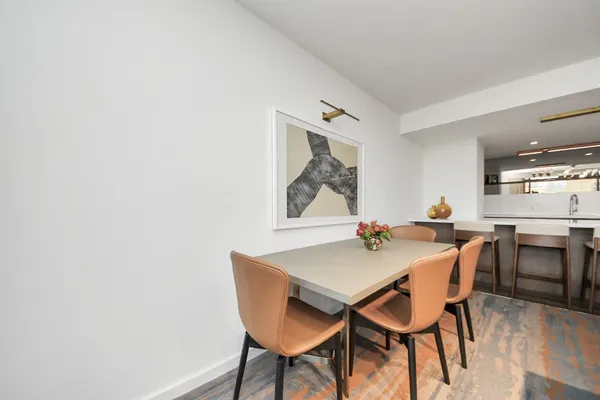 a view of a dining room with furniture
