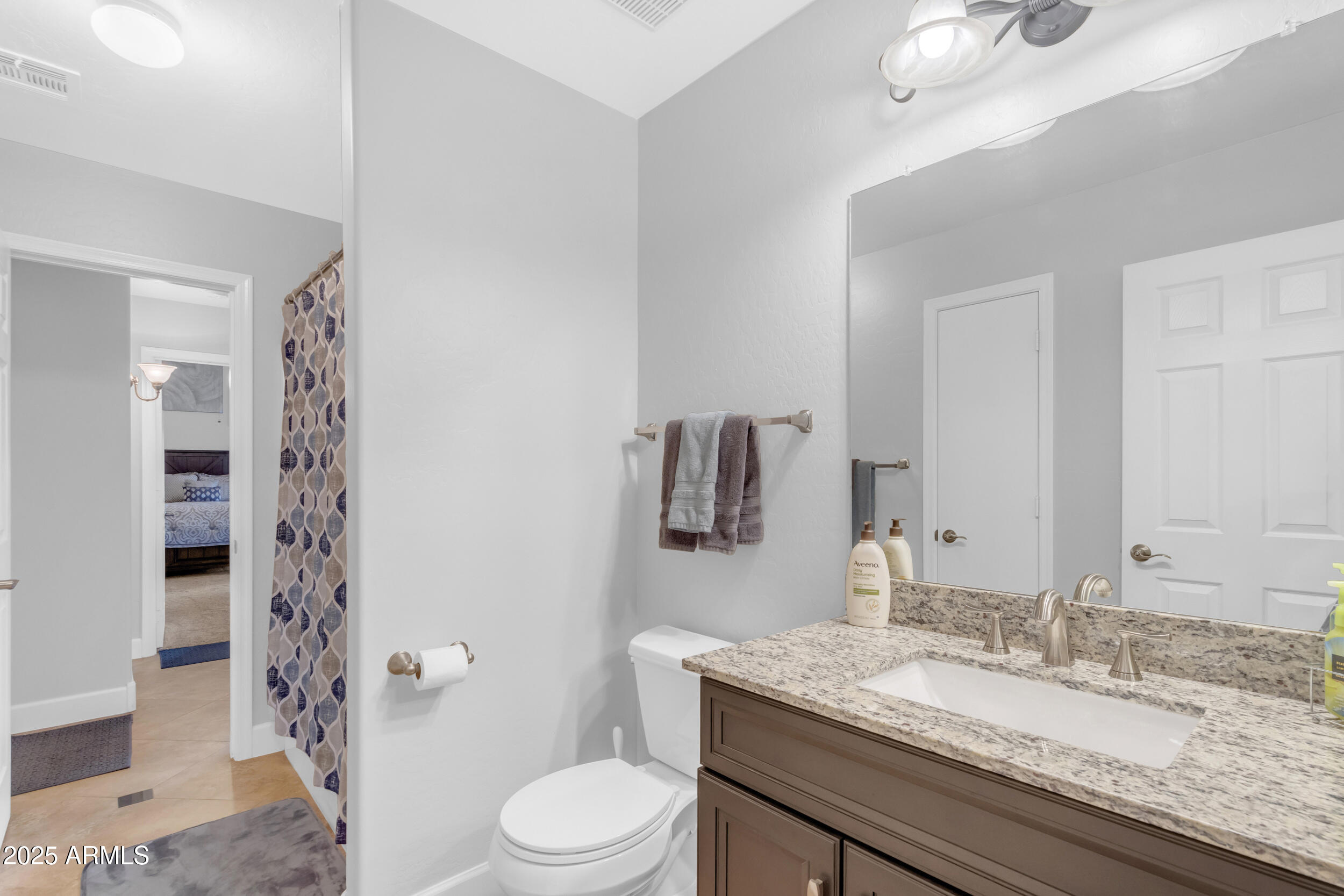 13438 West Redfield Road Surprise, AZ 85379 - Photo 49 of 75 a bathroom with a granite countertop sink a toilet and shower