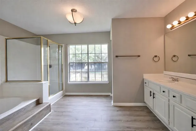 a bathroom with a tub sink and mirror