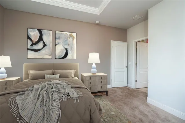 a bedroom with a bed and wall painting