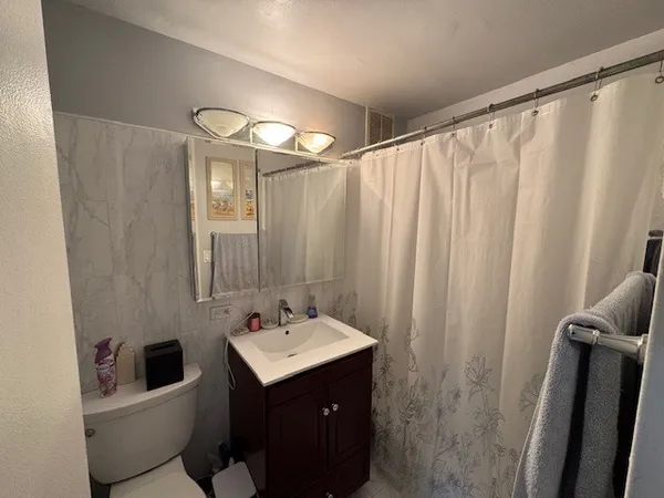 a bathroom with a sink toilet and shower