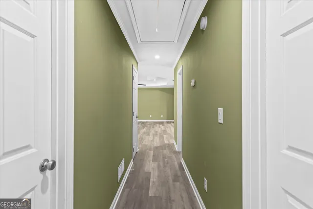 a view of a yard with plants and a bench