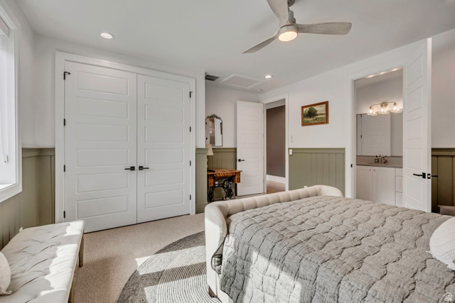 1720 Hillcrest Circle Mapleton, UT 84664 - Photo 64 of 116 Carpeted bedroom featuring a wainscoted wall, a closet, recessed lighting, and a ceiling fan