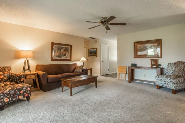 a living room with furniture and a lamp