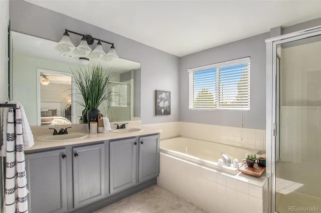 a bathroom with a tub sink and mirror