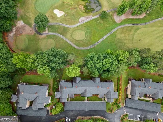 an aerial view of a swimming pool