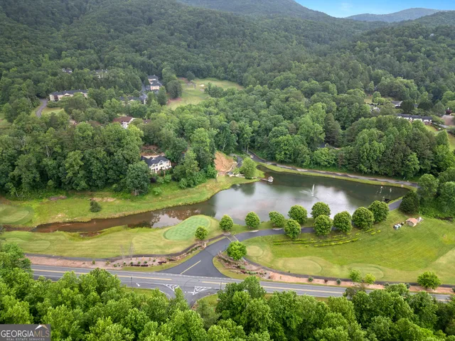 an aerial view of residential houses with outdoor space and trees