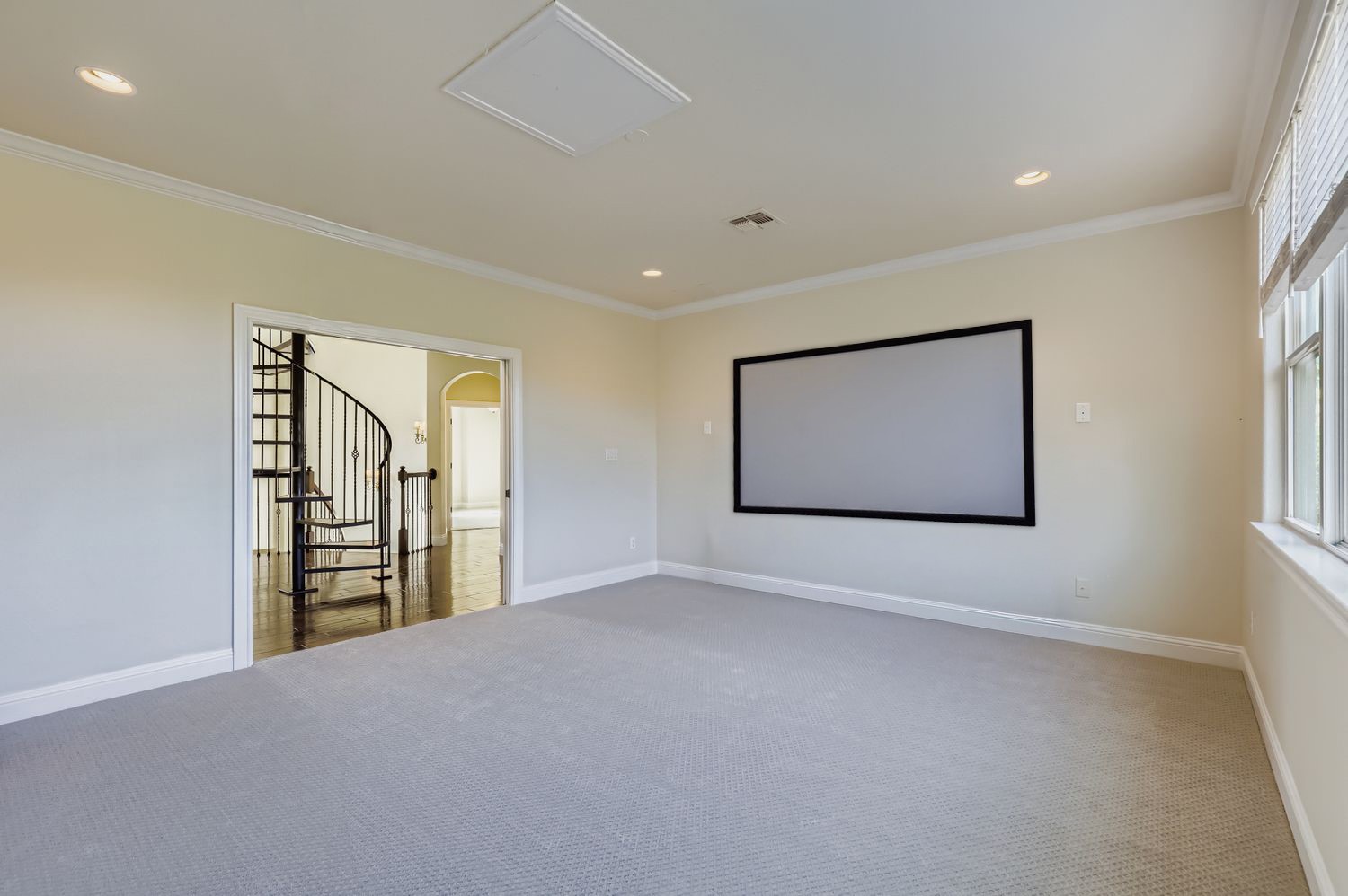 1415 Roaring Fork Leander, TX 78641 - Photo 30 of 39 Home theater featuring ornamental molding, carpet, and recessed lighting