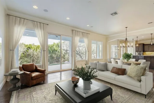 a living room with furniture potted plant and windows