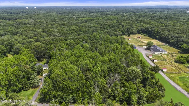 an aerial view of residential houses with outdoor space and trees