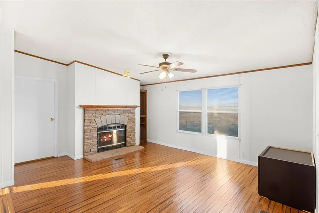 a living room with a fireplace