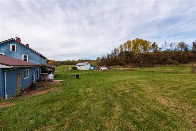 a view of a house with a big yard and potted plants