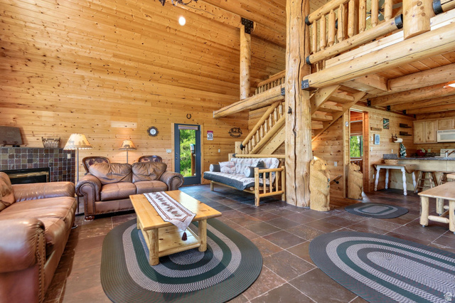 2096 South Aspen Ridge Coalville, UT 84017 - Photo 13 of 44 Spacious great room featuring extensive natural wood paneling and exposed log beams