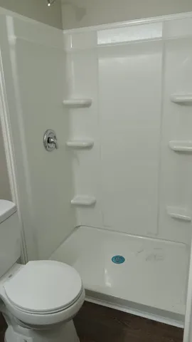 a bathroom with a toilet and a shower