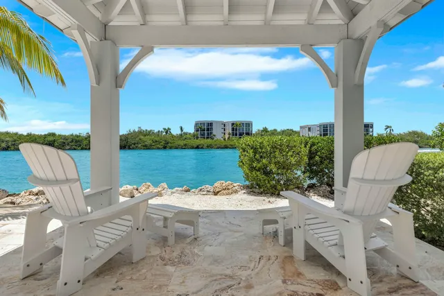 a view of a patio with furniture and a lake view