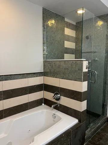 a bathroom with a bathtub and a shower