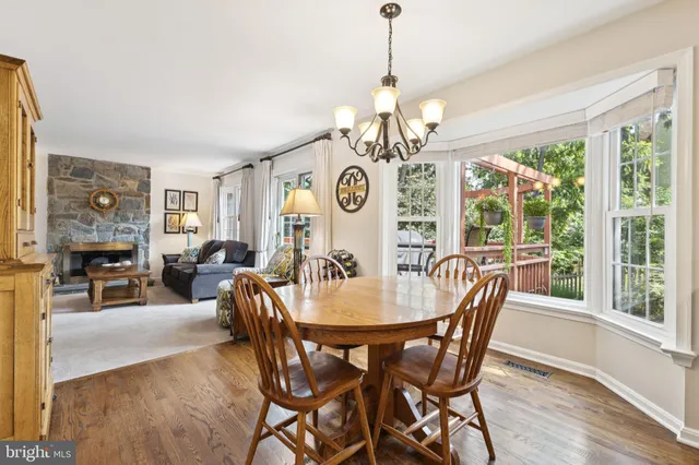 a view of a dining room with furniture wooden floor and chandelier