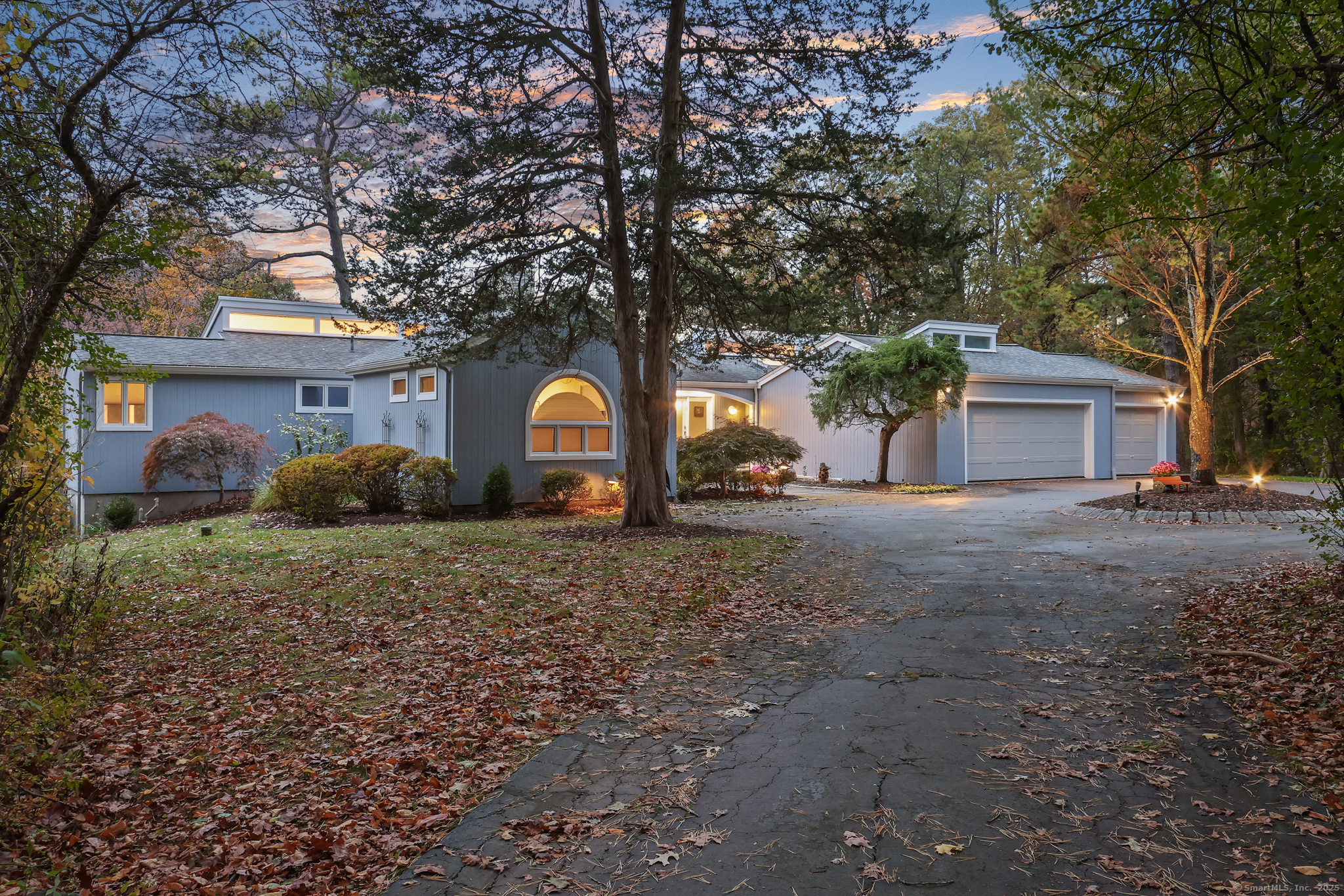 a view of a house with backyard and a tree