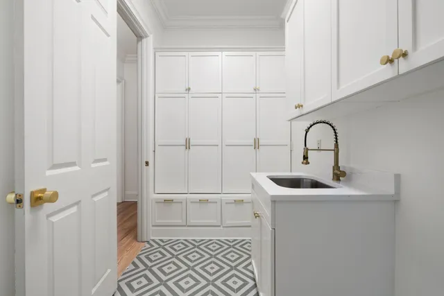 a view of a park with large trees