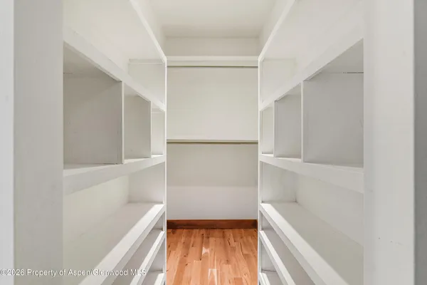 a view of walk in closet with empty racks