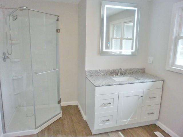 305 East McMurray Road Canonsburg, PA 15317 - Photo 14 of 24 a bathroom with a granite countertop sink a mirror and a shower