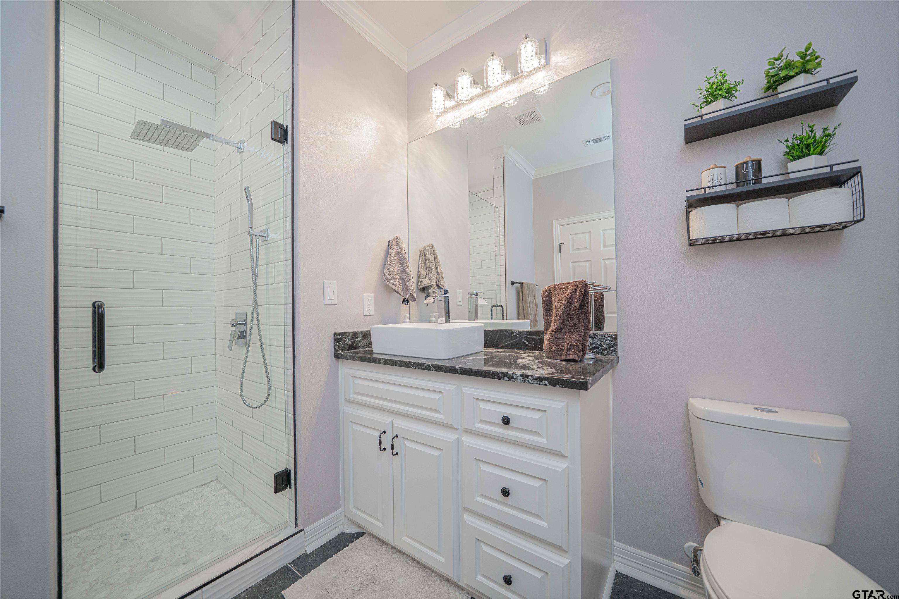 145 Private Road Pittsburg, TX 75686 - Photo 27 of 46 a bathroom with a granite countertop sink a toilet a mirror and shower