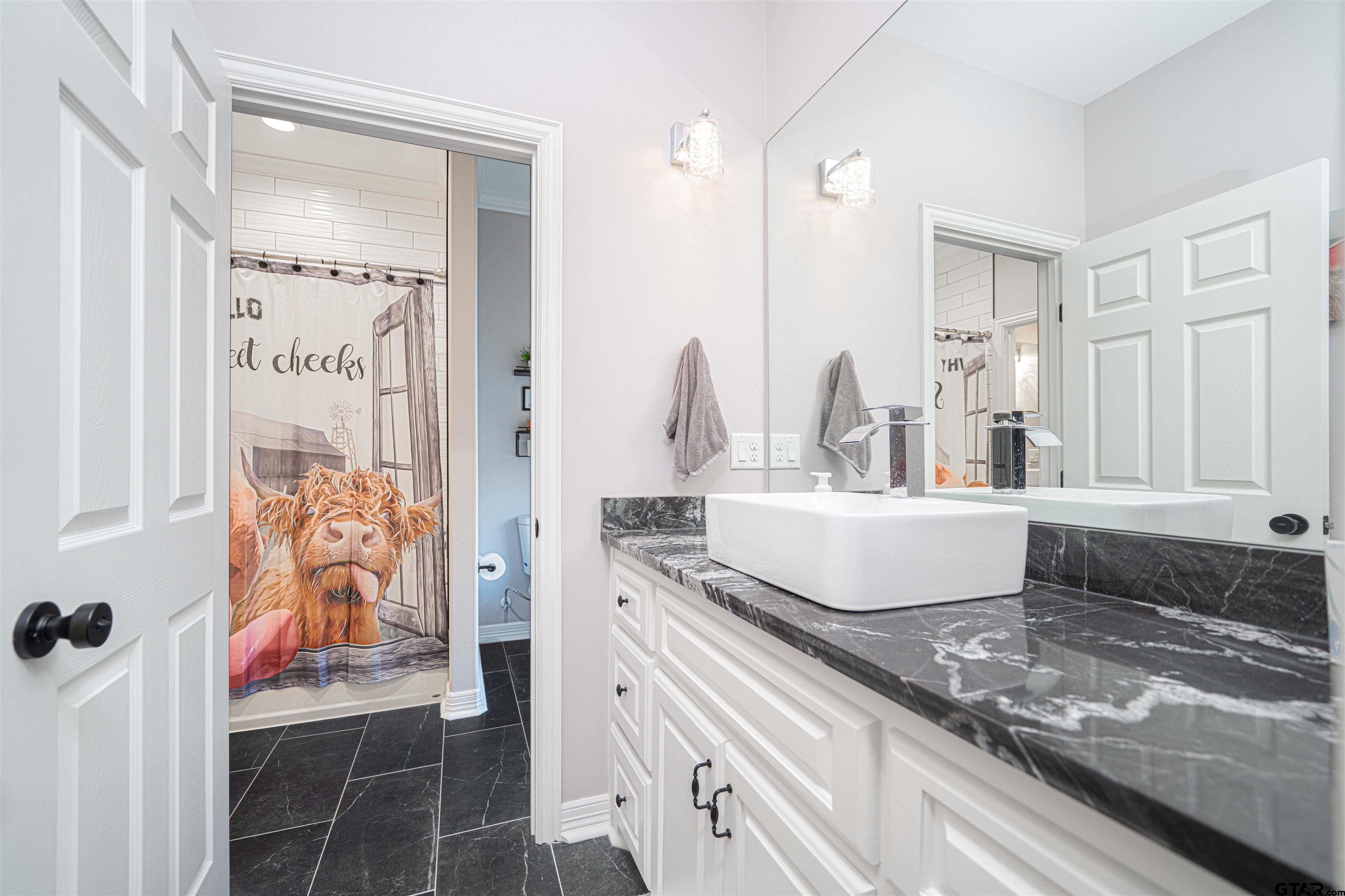 145 Private Road Pittsburg, TX 75686 - Photo 29 of 46 a bathroom with a granite countertop sink and a mirror