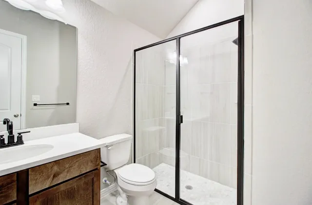 a bathroom with a shower sink vanity mirror and toilet