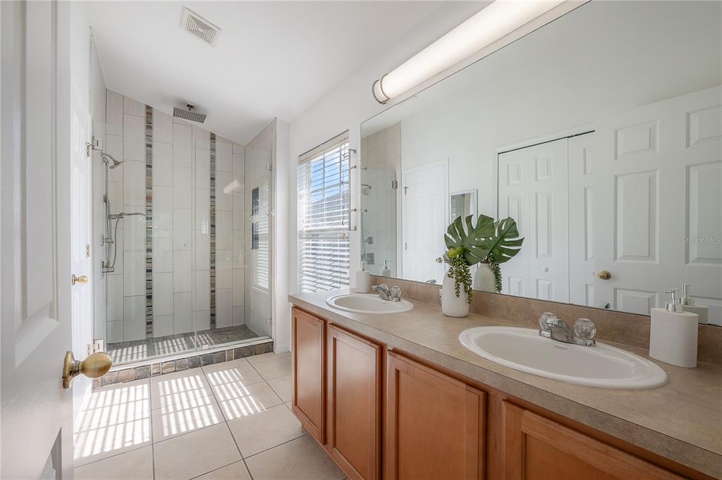 27834 Pleasure Ride Loop Wesley Chapel, FL 33544 - Photo 16 of 25 a bathroom with a granite countertop sink a mirror and a shower