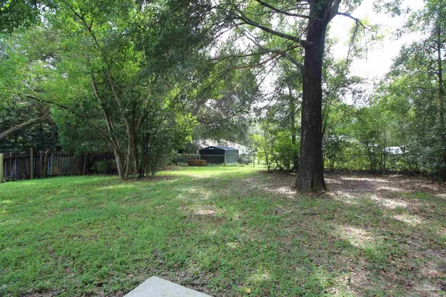 a backyard of a house with trees and entertaining space