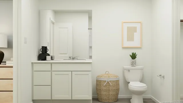 a bathroom with a toilet a sink and mirror